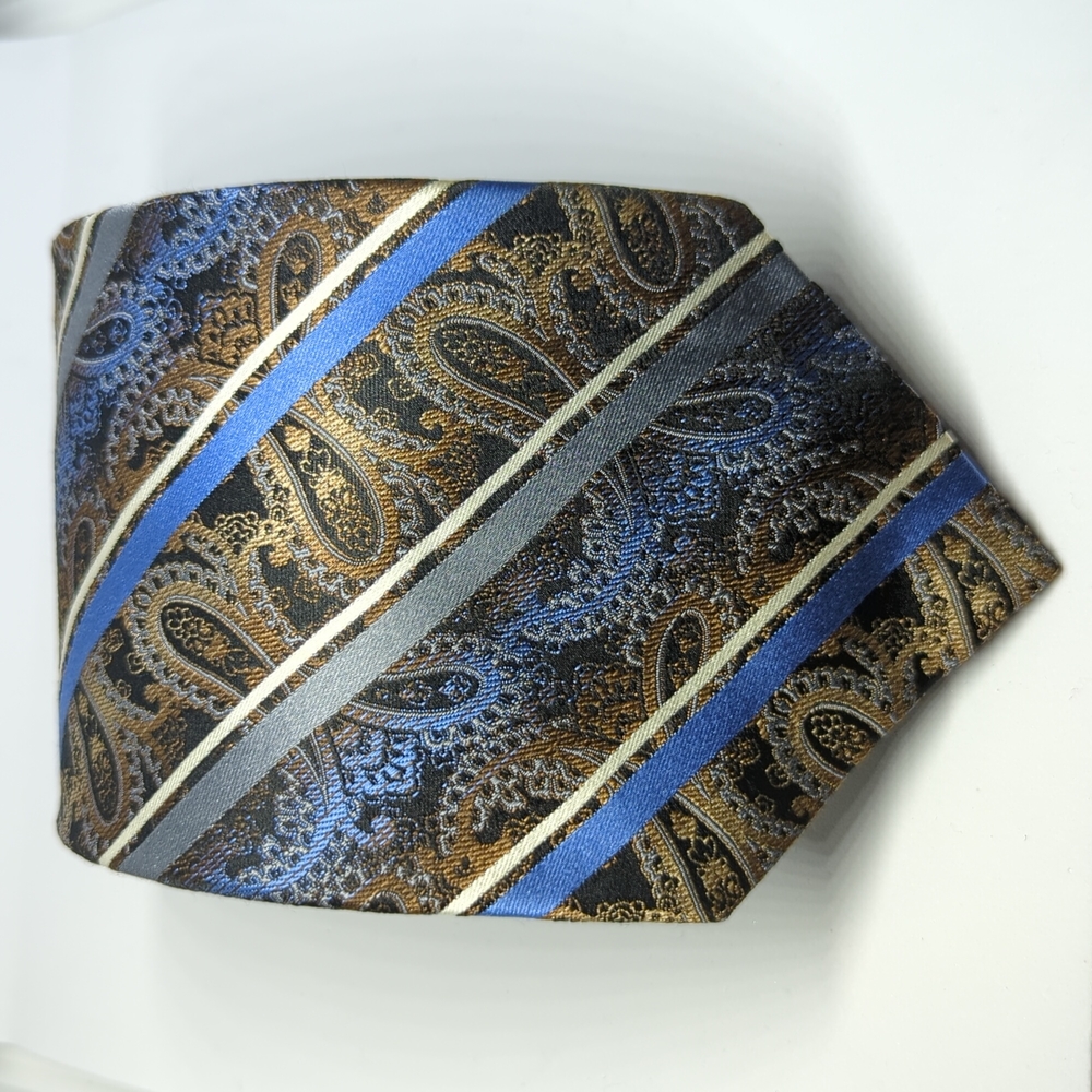 PLATINUM DESIGNS Men's 100% Silk Blue, Bronze, & White Paisley Striped Neck Tie